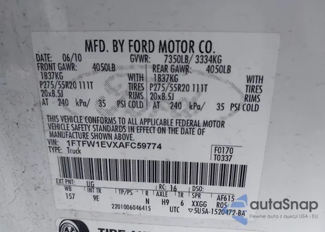 2010 Ford F-150 Fx4/Harley-Davidson/King Ranch/Lariat/Platinum/Xl/Xlt from USA, damaged, VIN 1FTFW1EVXAFC59774
